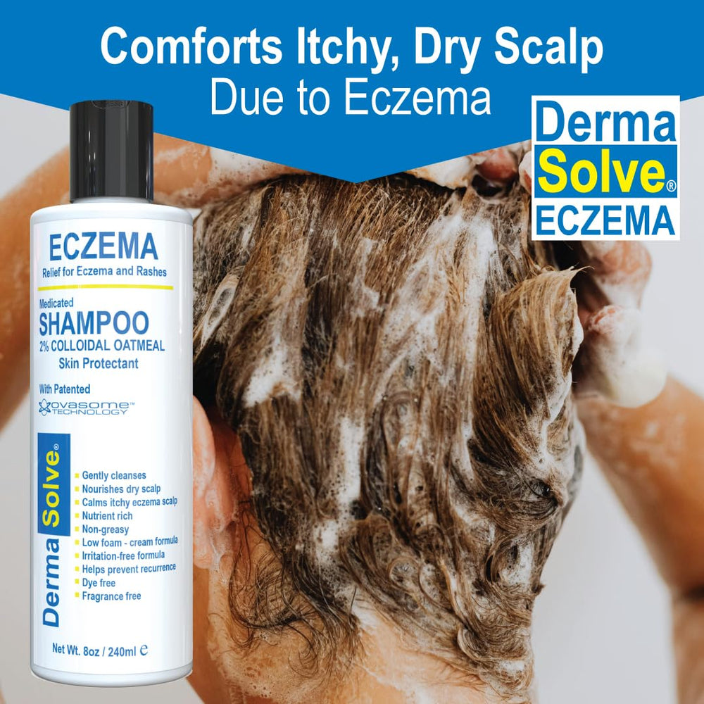 Dermasolve shampoo shown for both kids and adults, family-friendly eczema care.