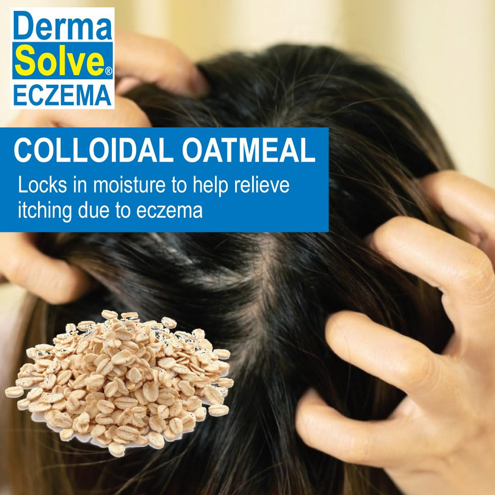 Dermasolve Eczema Relief Shampoo label confirms made in USA for trusted quality.