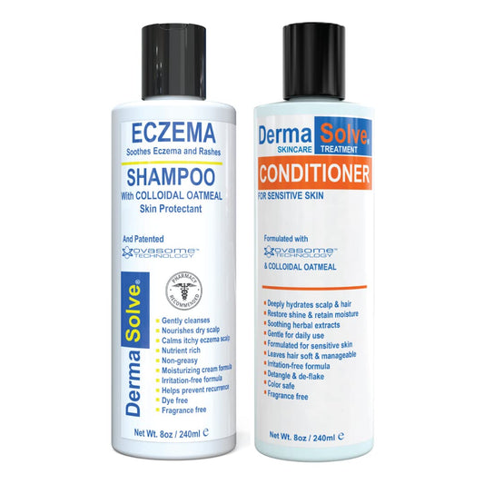 Dermasolve eczema shampoo bottle front shows a gentle formula for sensitive scalps and flake control.
