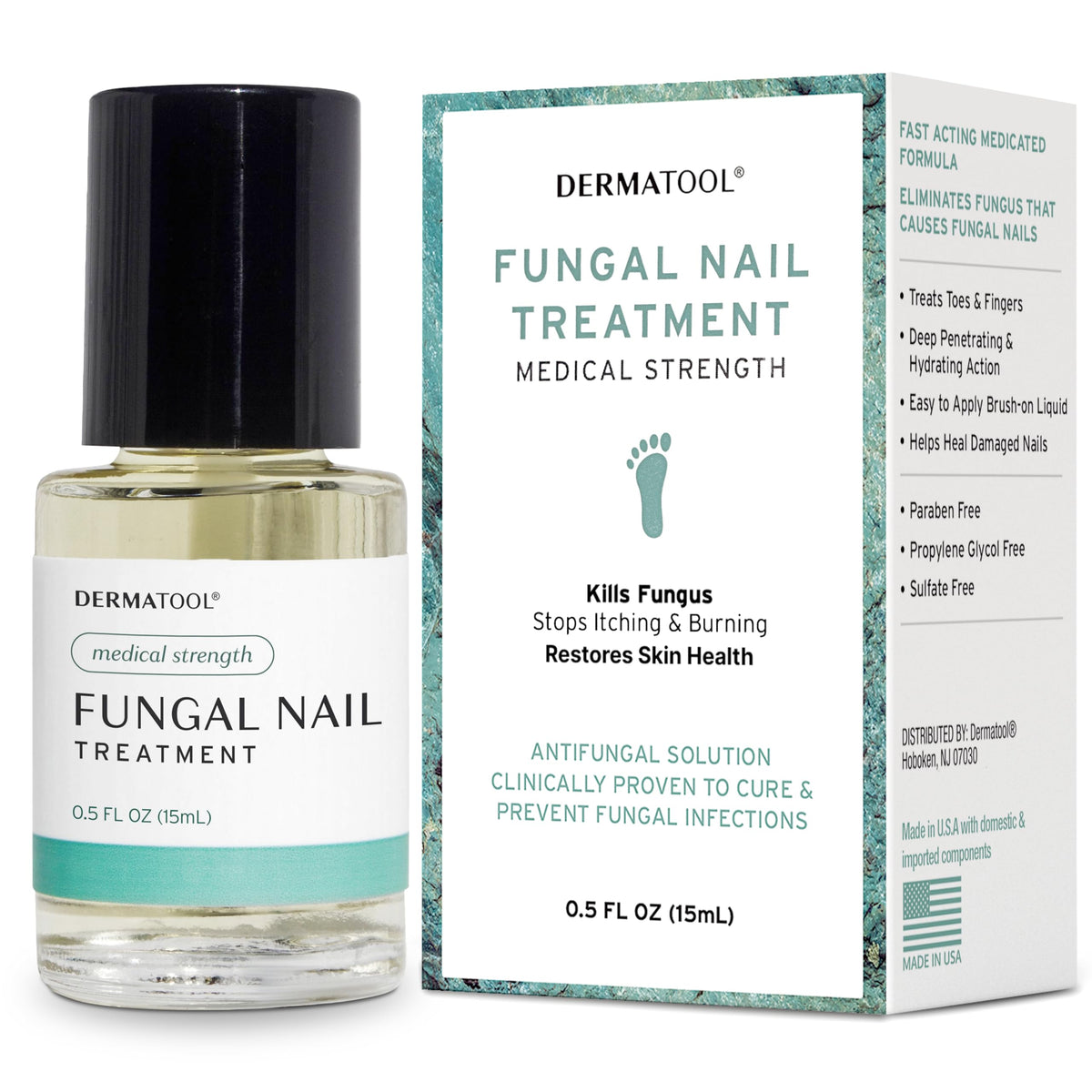 DERMATOOL bottle closeup highlights fast-absorbing, extra-strength antifungal formula for nails
