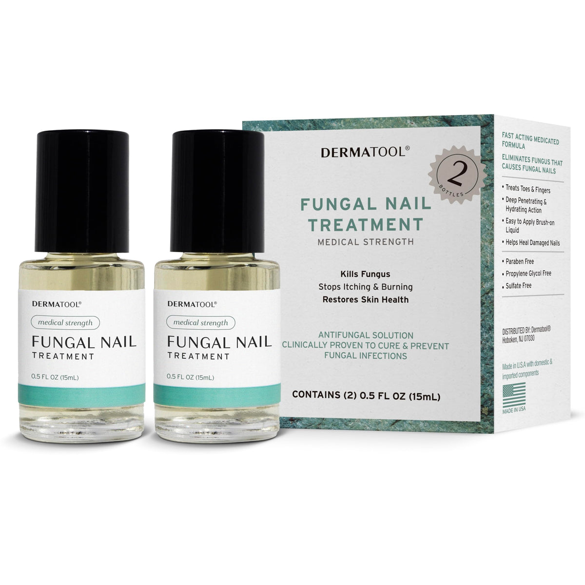 DERMATOOL extra-strength toenail fungus treatment bottle demonstrates fast-acting, targeted formula for fungal nails.