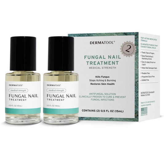 DERMATOOL extra-strength toenail fungus treatment bottle demonstrates fast-acting, targeted formula for fungal nails.