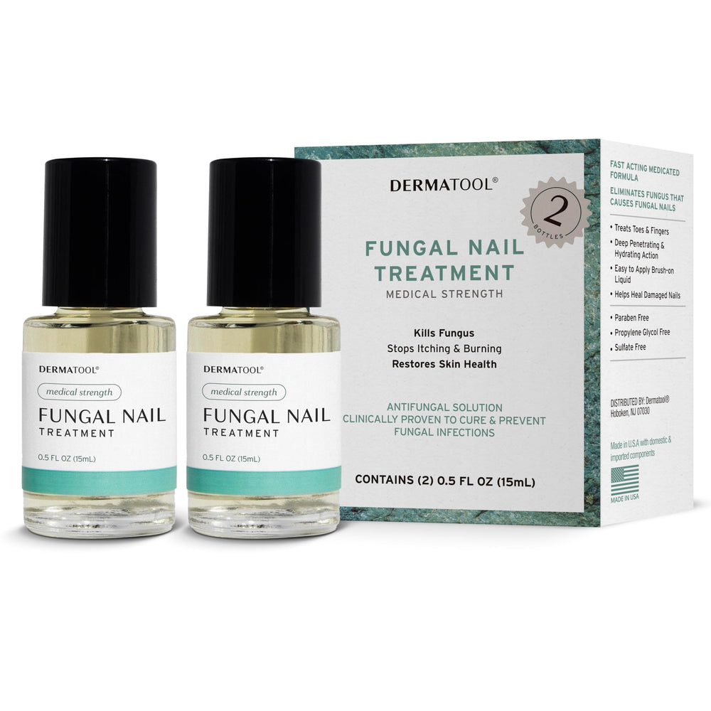 DERMATOOL extra-strength toenail fungus treatment bottle demonstrates fast-acting, targeted formula for fungal nails.