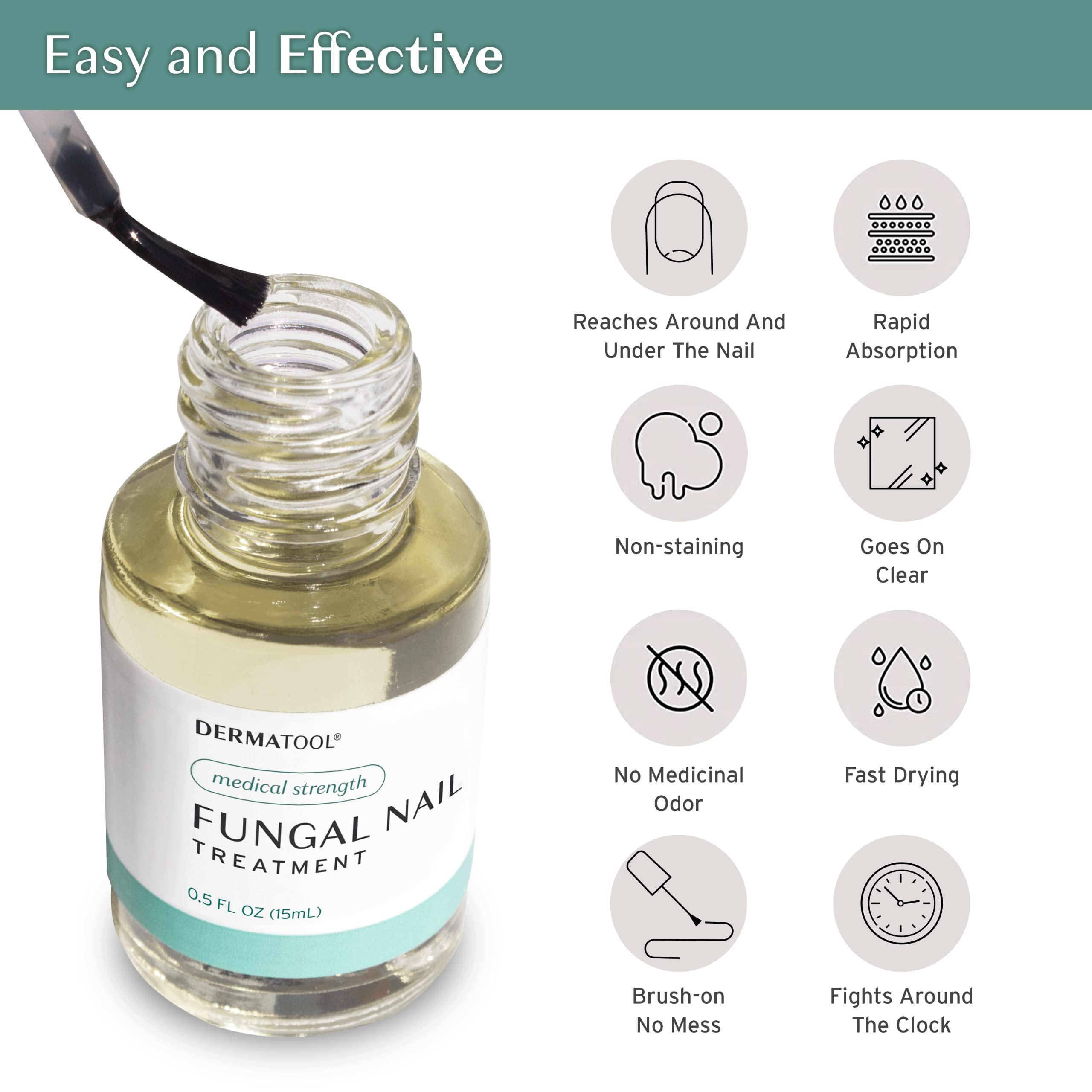 DERMATOOL clear application on nails shows quick-drying, non-staining coverage.