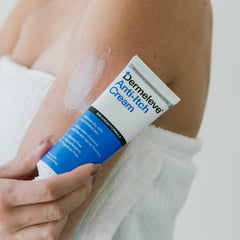 Dermeleve quick-apply cream for itch relief on arms, legs, or torso.