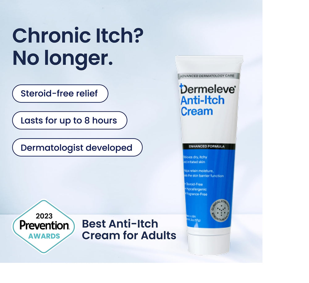 Dermeleve steroid-free anti-itch cream application highlighting quick relief