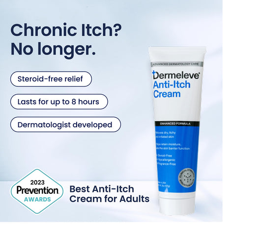 Dermeleve steroid-free anti-itch cream application highlighting quick relief