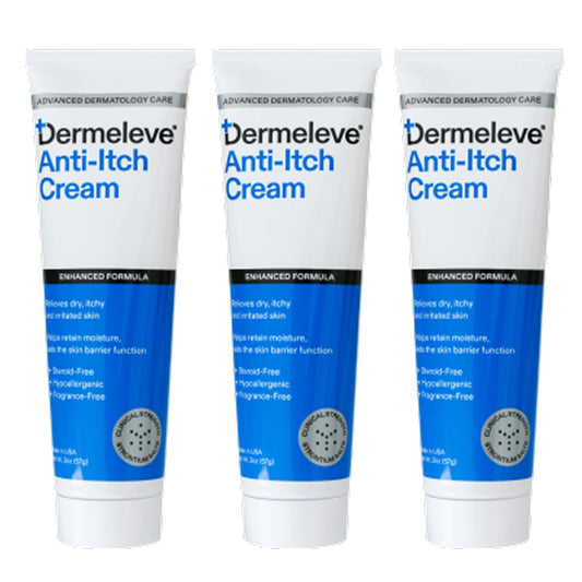 Dermeleve steroid-free anti-itch cream tube application for fast relief on sensitive areas.
