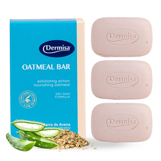 Dermisa exfoliating oatmeal bar packaging shows gentle vegan cleanse for dry skin