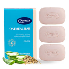 Dermisa exfoliating oatmeal bar packaging shows gentle vegan cleanse for dry skin