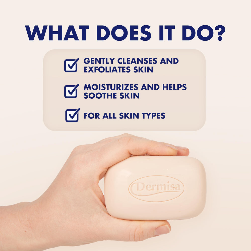 Dermisa exfoliating oatmeal bar soap slice demonstrates gentle exfoliation for sensitive skin