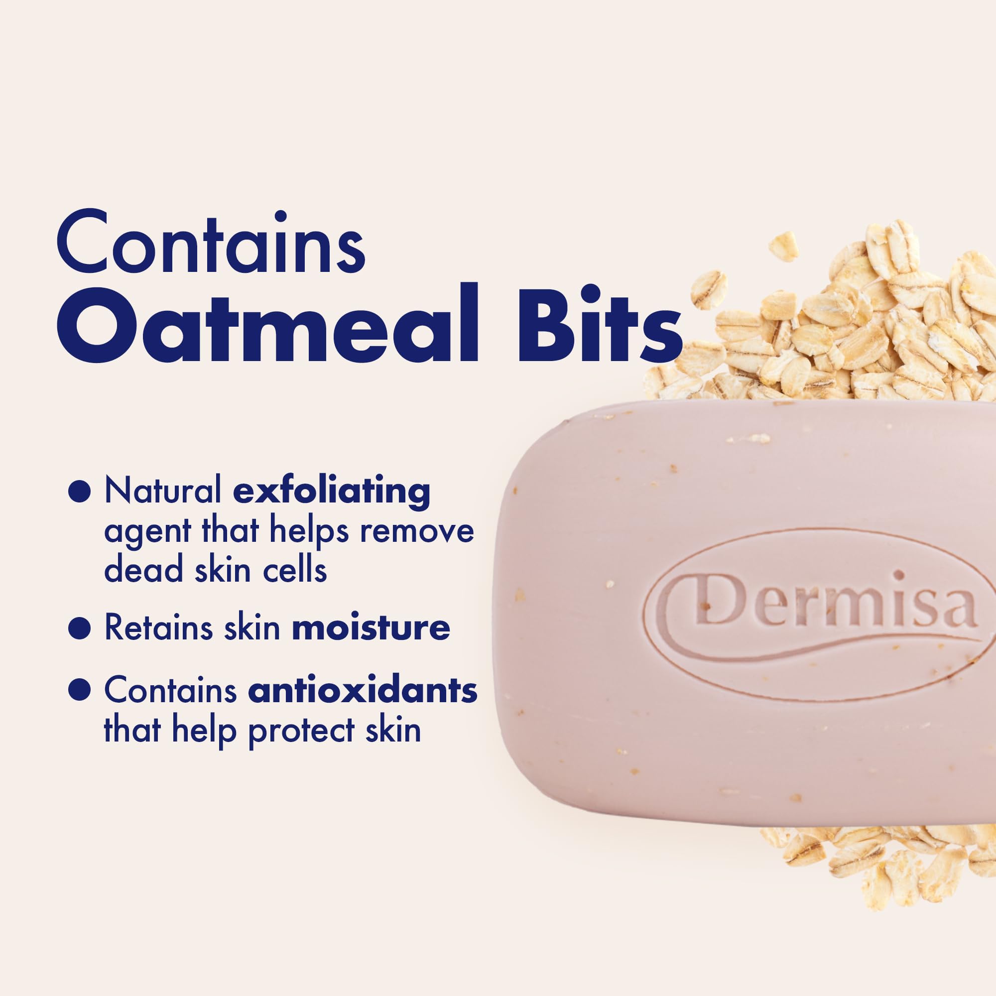 Dermisa oatmeal bar texture closeup reveals oatmeal bits and glycerin moisturization