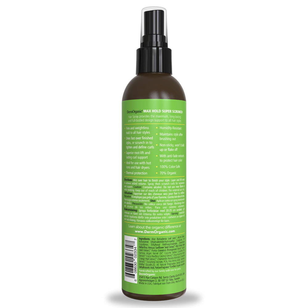 DermOrganic spray applied mid-hair for defined curls and root lift