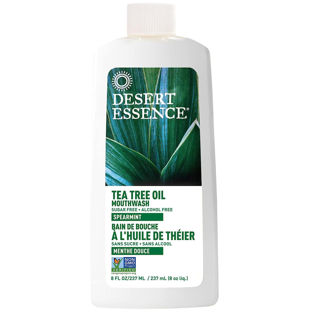 Desert Essence Alcohol-Free Mouthwash 8oz bottle with tea tree oil and aloe.