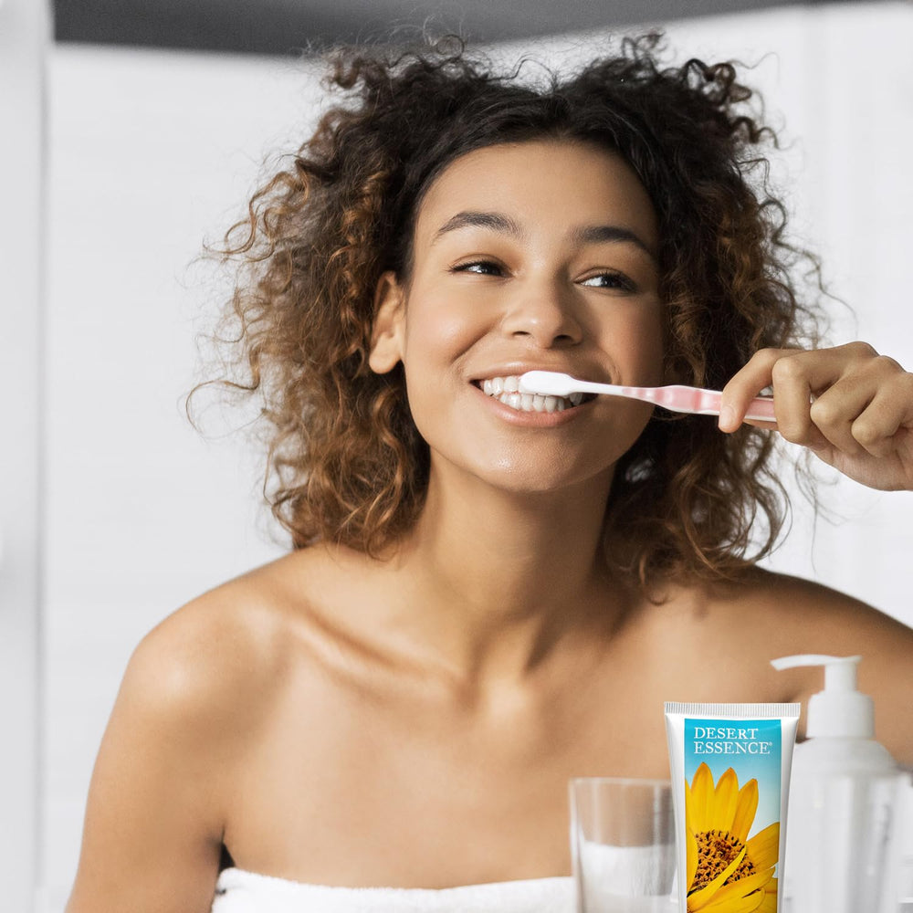 Back label showing ingredients and cautions on Desert Essence toothpaste