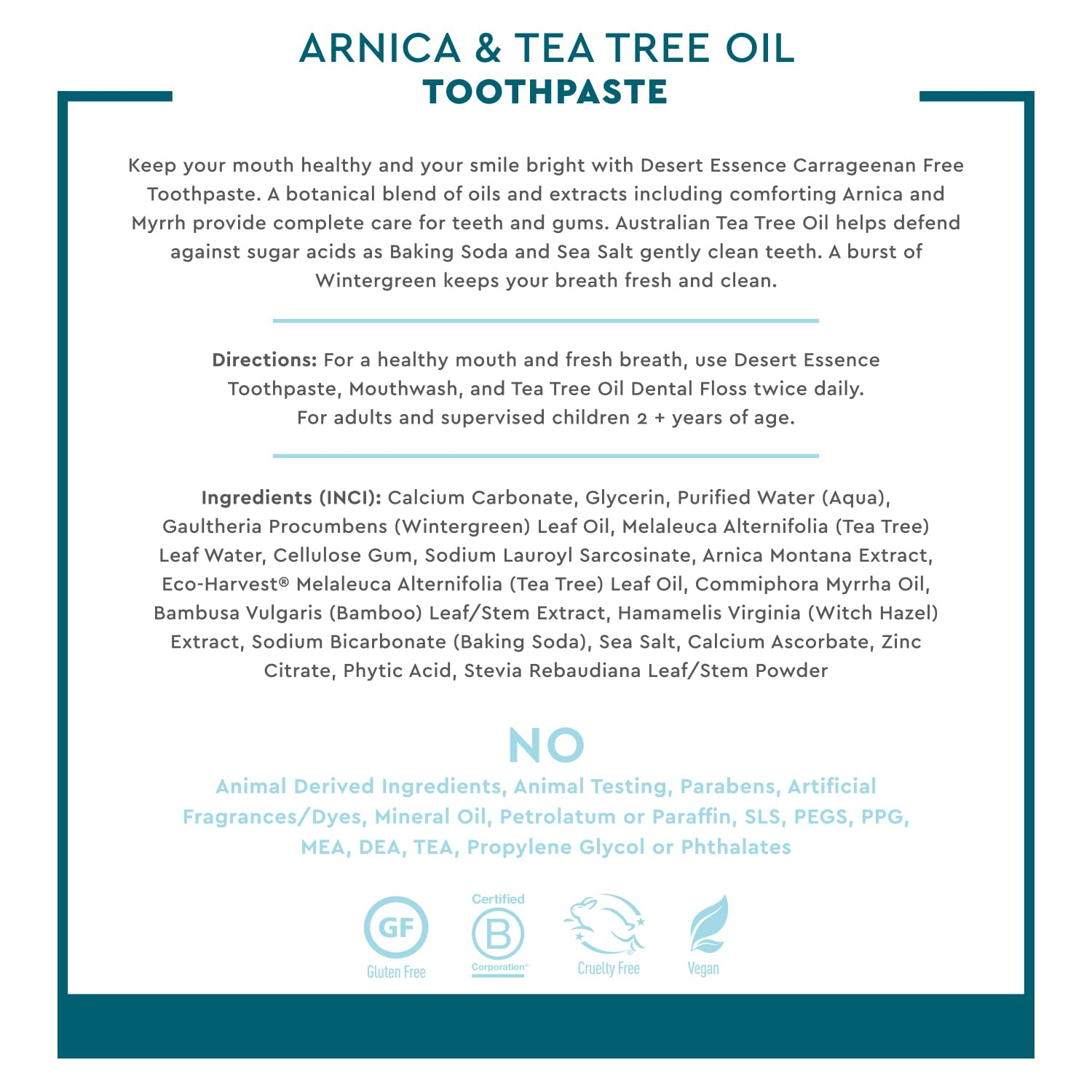 Packaging of Desert Essence Arnica & Tea Tree Oil Toothpaste
