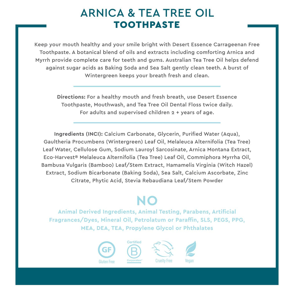 Packaging of Desert Essence Arnica & Tea Tree Oil Toothpaste