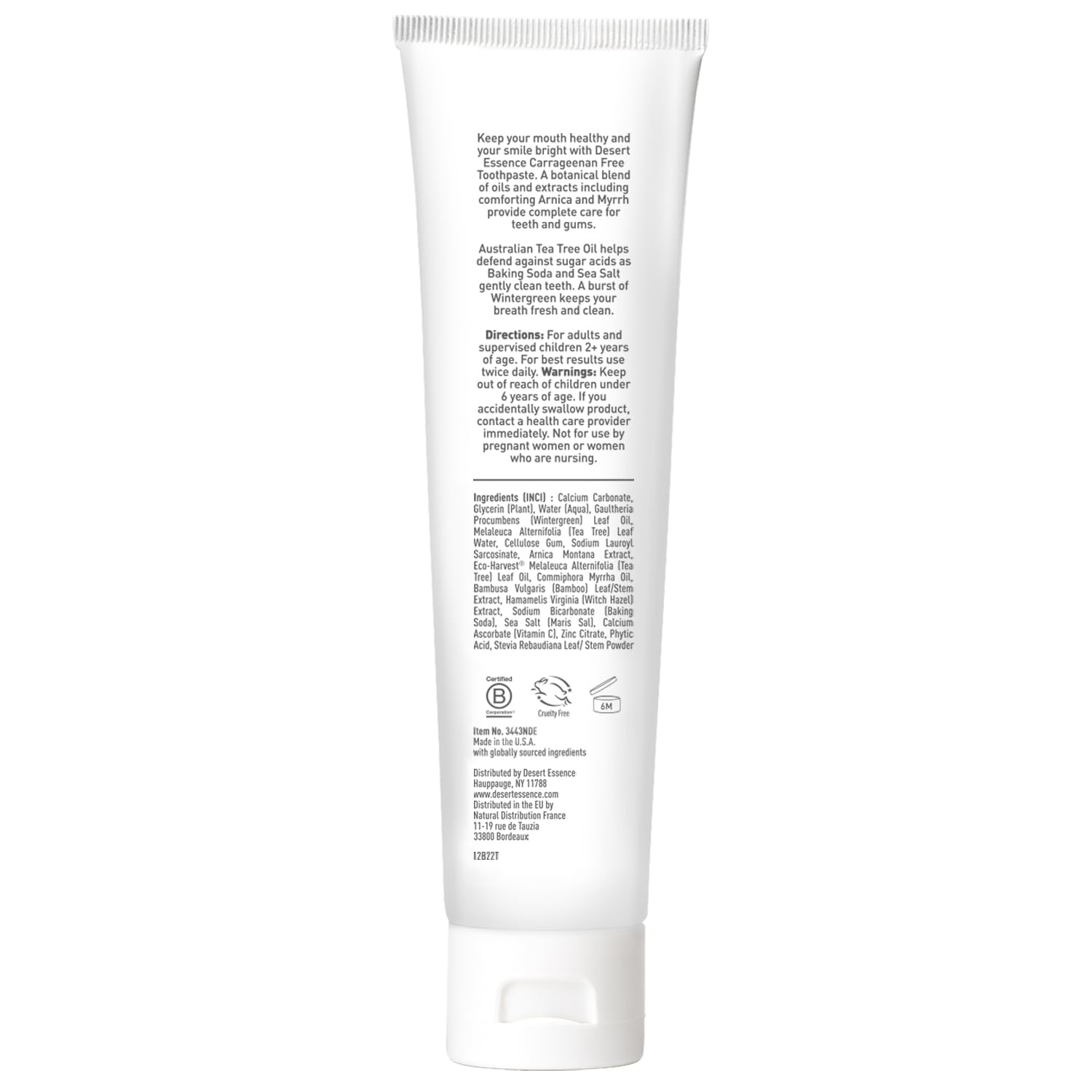 Toothpaste tube highlighting Tea Tree Oil and Arnica components