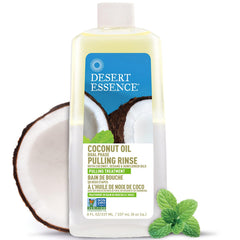 Front view of Desert Essence Coconut Oil Dual Phase Pulling Rinse bottle.