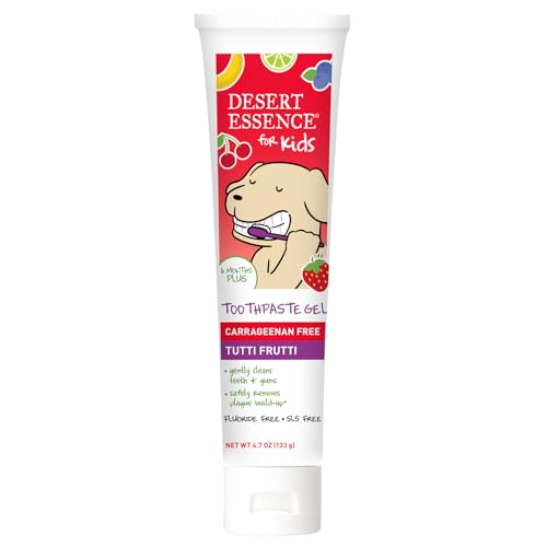 Close-up of toddler toothpaste gel with Tutti Frutti flavor label