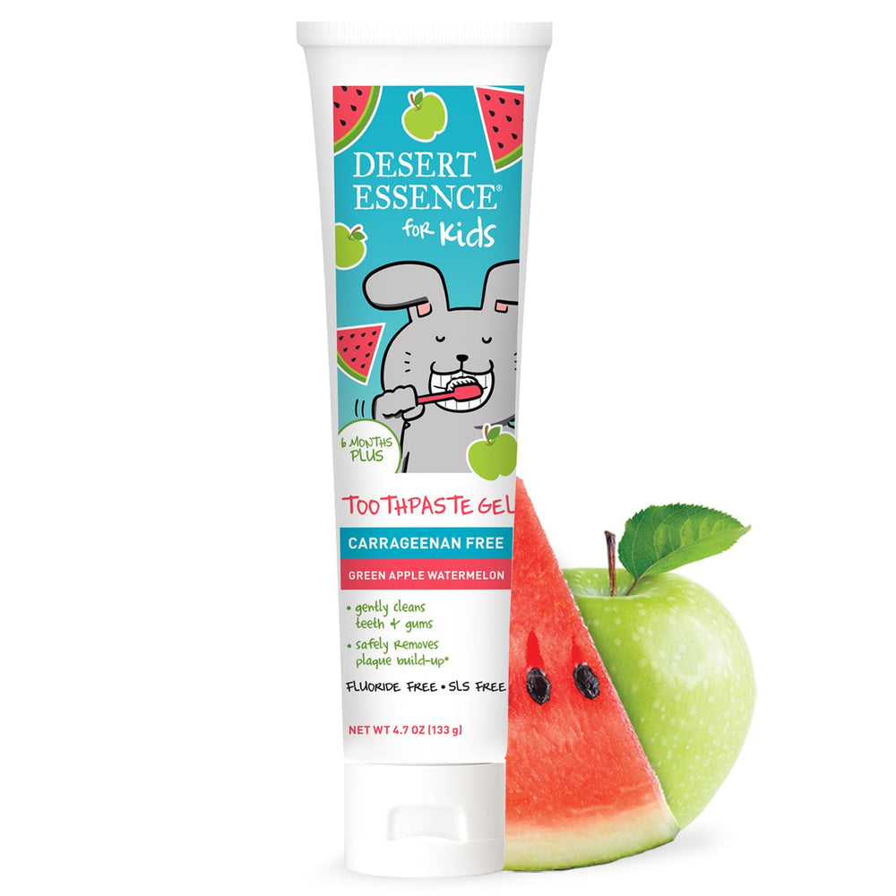 Desert Essence front packaging showing green apple watermelon flavor and benefits