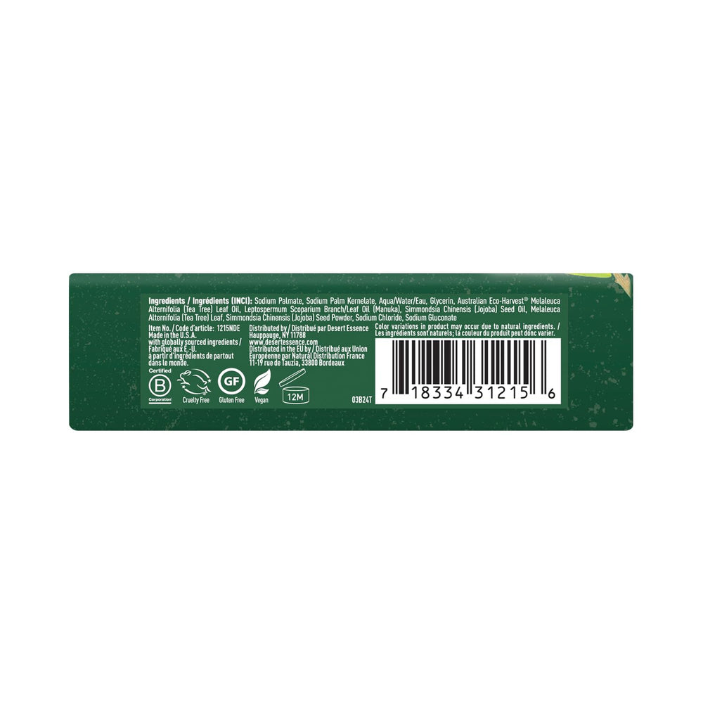 Desert Essence Manuka Tea Tree Oil Soap Bar on bathroom shelf