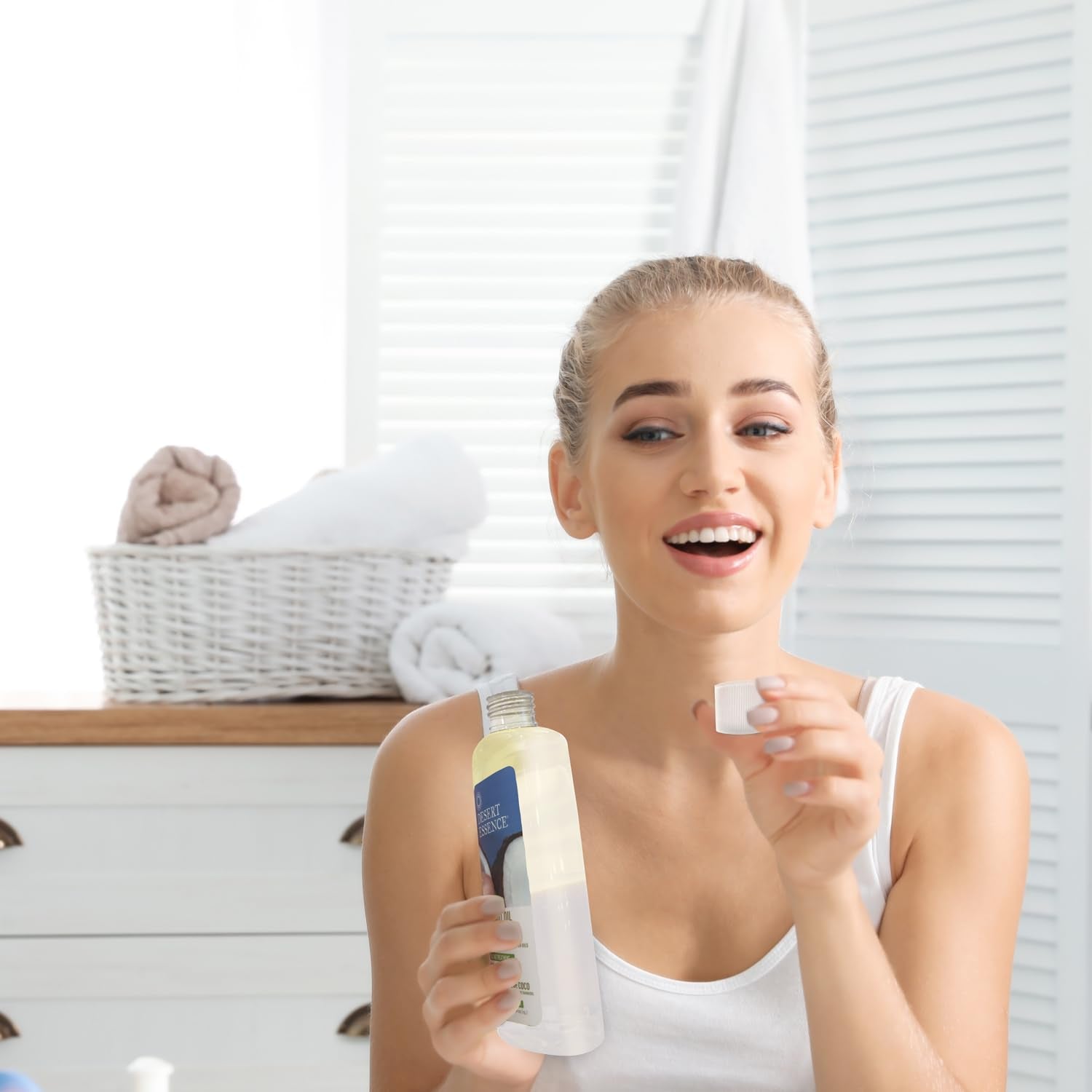 Capful being poured for use in oil pulling rinse.