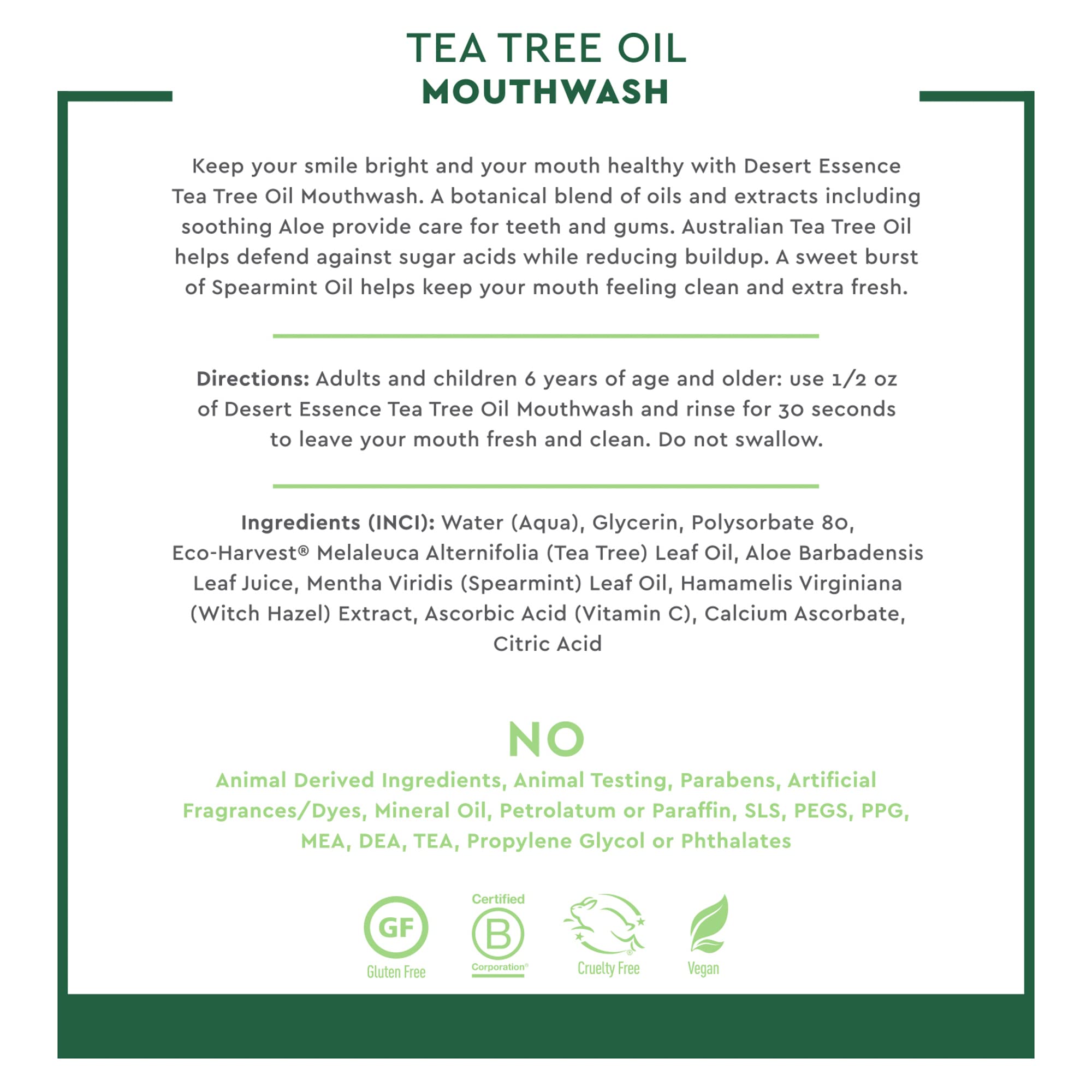 Tea tree oil mouthwash bottle with mint leaves