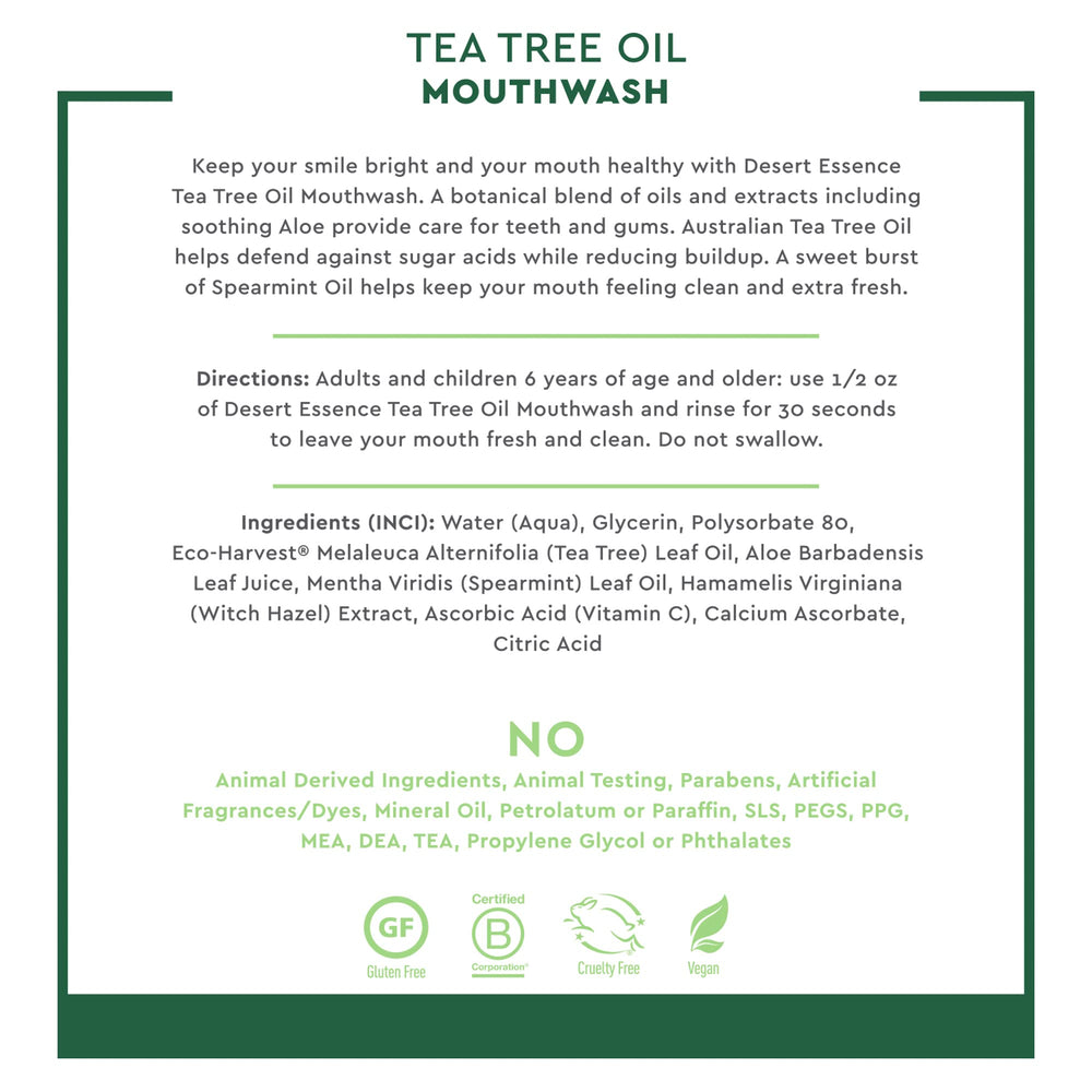 Tea tree oil mouthwash bottle with mint leaves