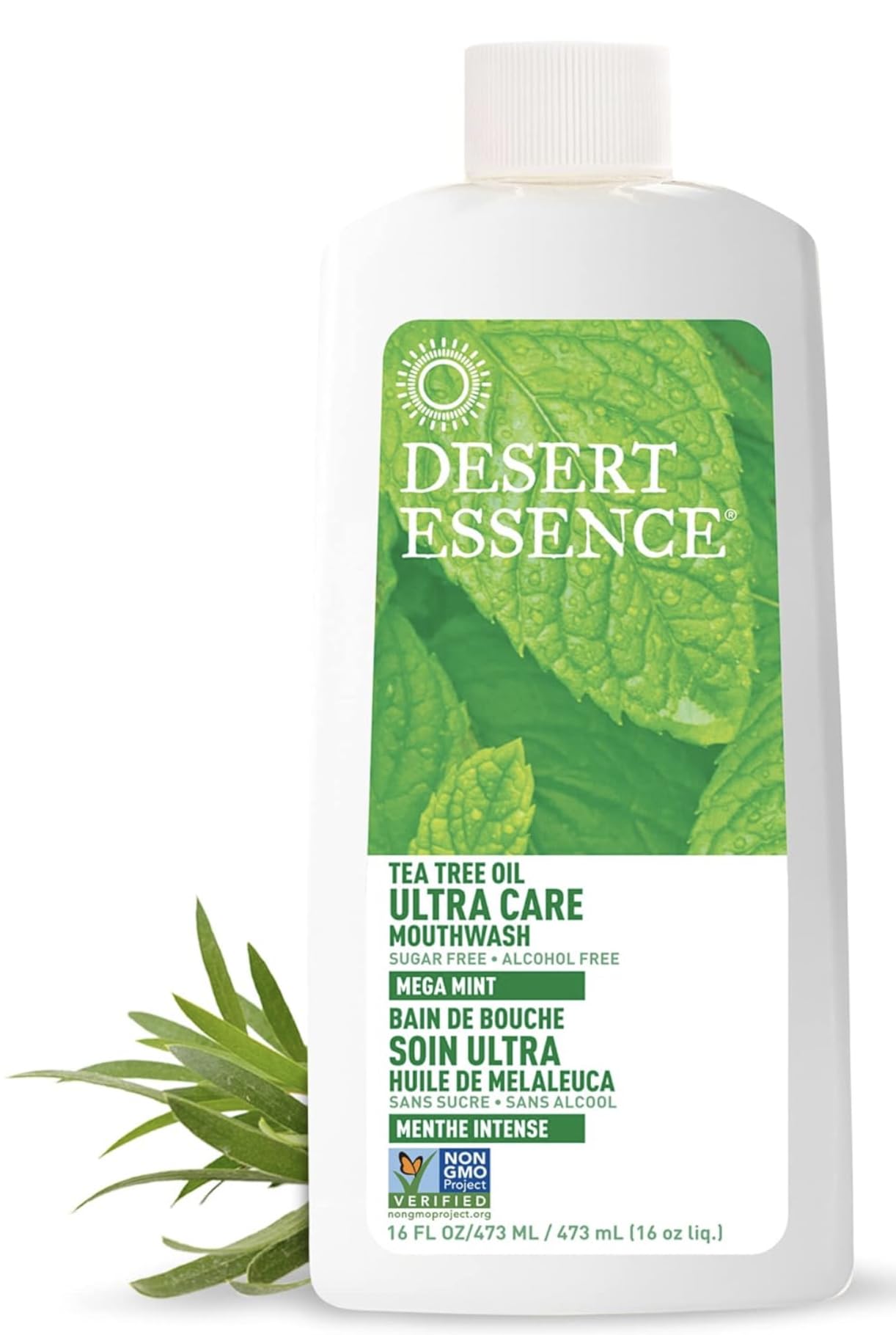 Bottle of Desert Essence Tea Tree Oil Ultra Care Mouthwash Mega Mint 16 oz