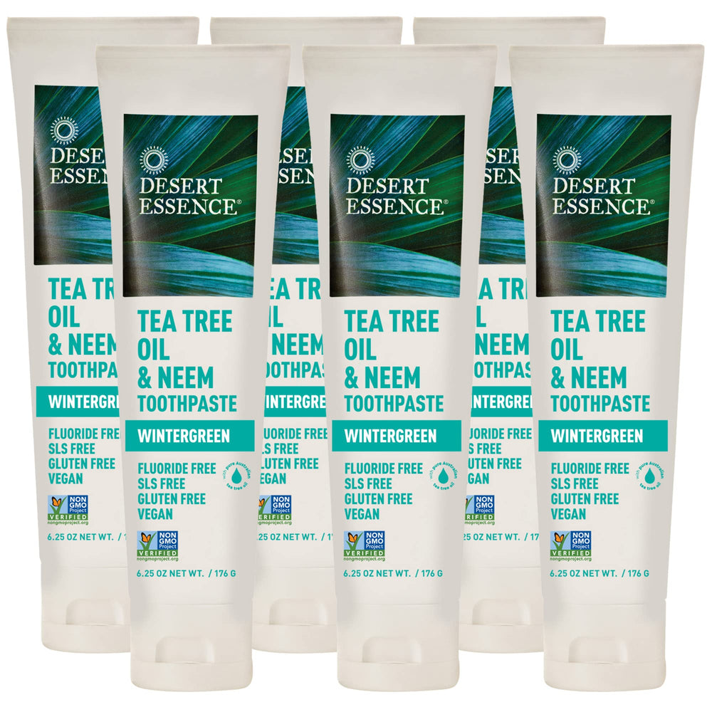 Bottle of Desert Essence Tea Tree Oil & Neem Toothpaste with label