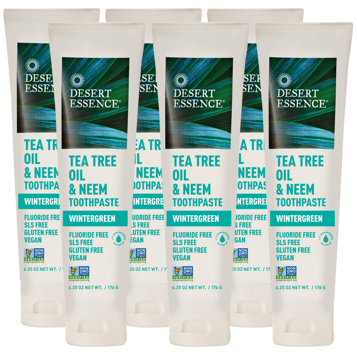 Bottle of Desert Essence Tea Tree Oil & Neem Toothpaste with label