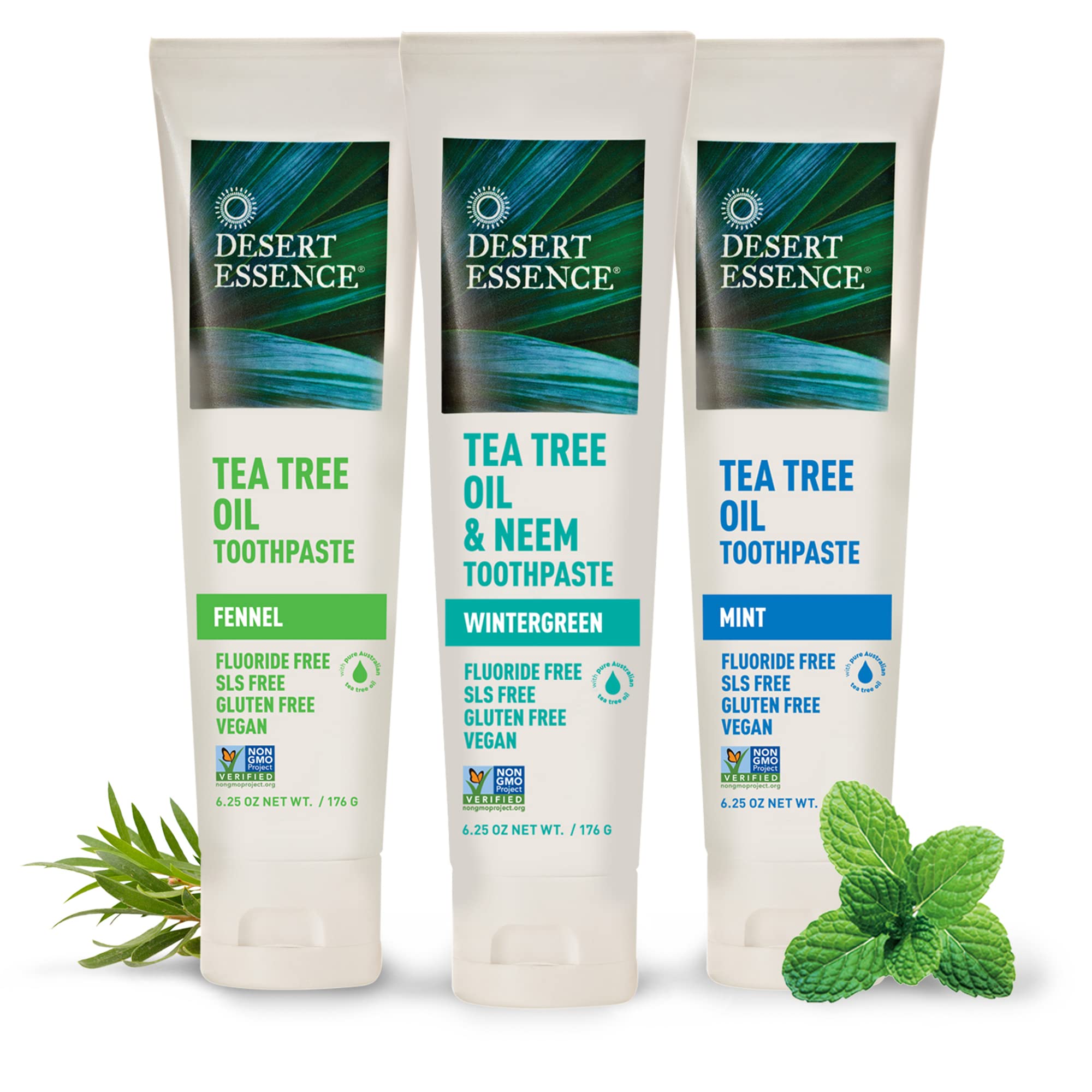 Front close-up of Desert Essence toothpaste packaging