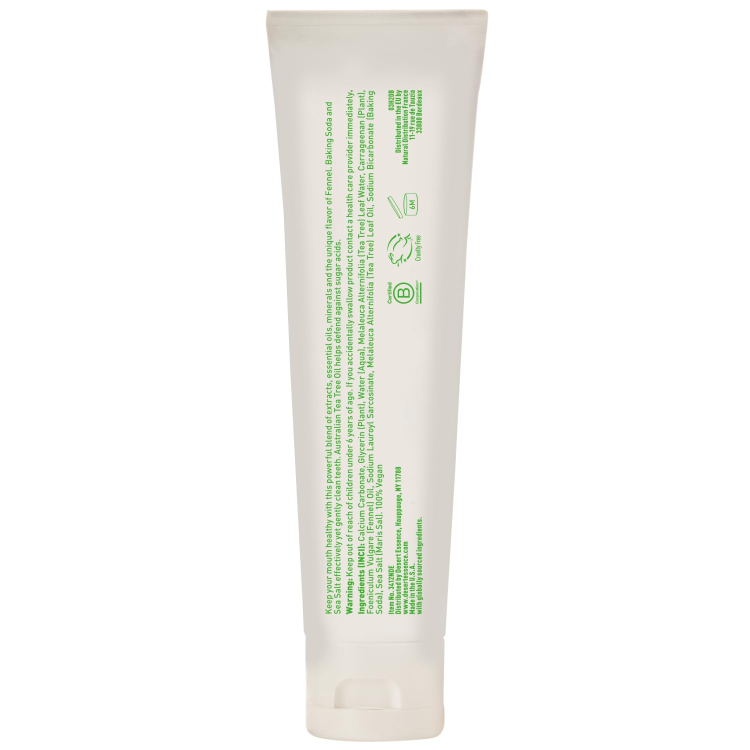 Gluten-free and vegan toothpaste packaging with 6.25 oz size