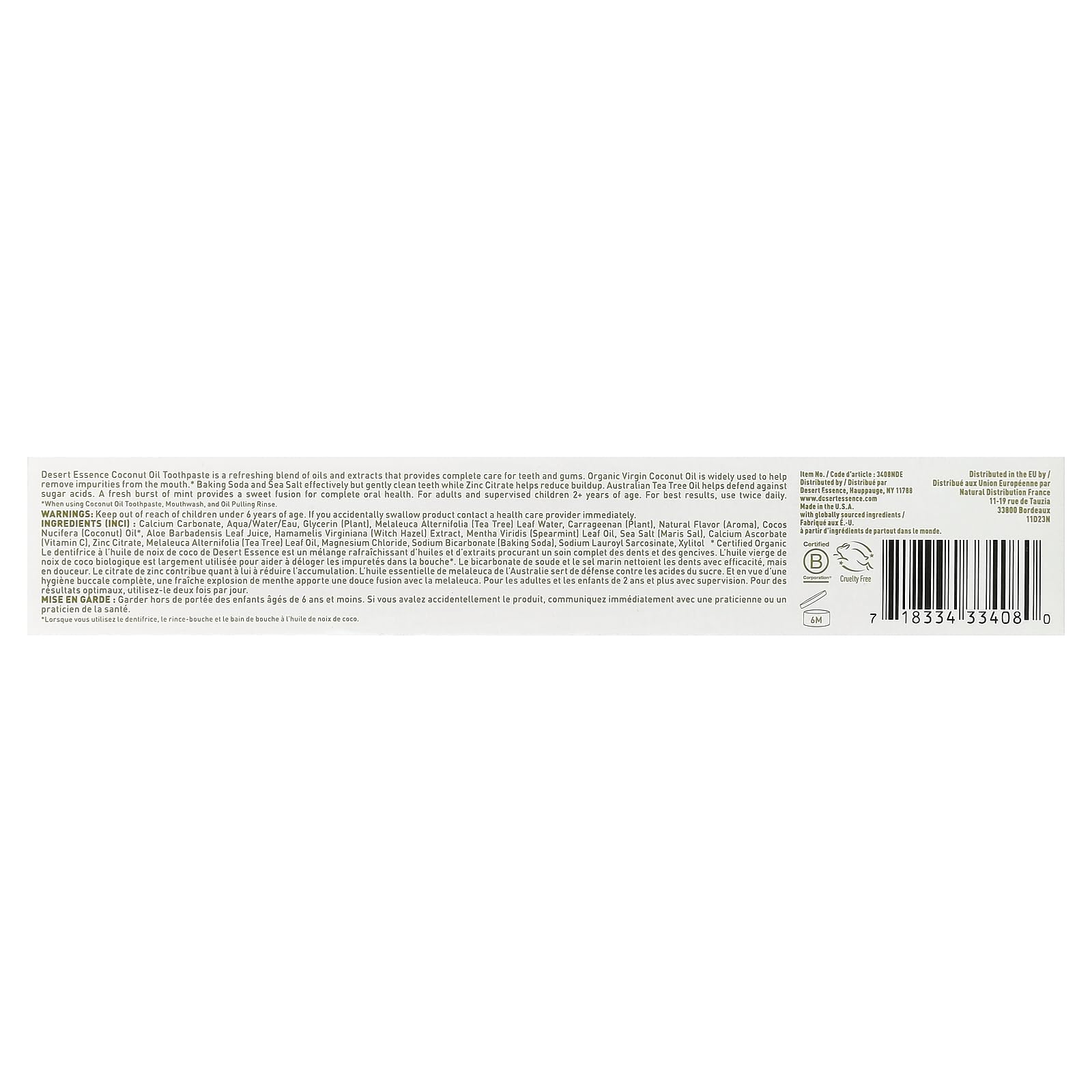 Tea tree toothpaste display with baking soda and sea salt ingredients