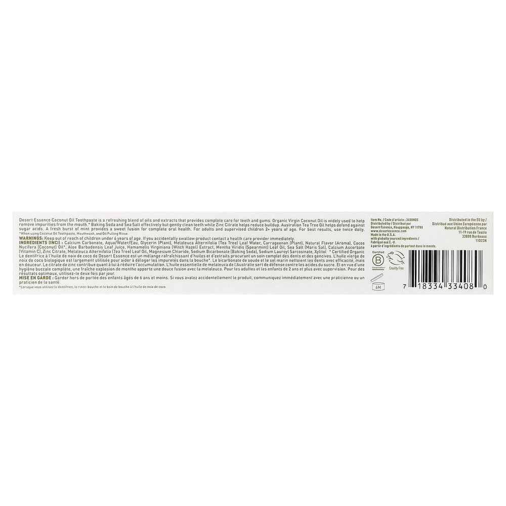 Tea tree toothpaste display with baking soda and sea salt ingredients