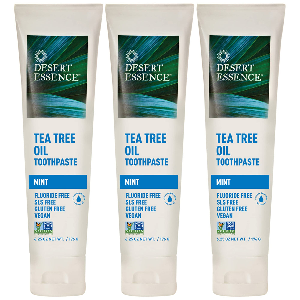 Front view of Desert Essence Tea Tree Oil Toothpaste Mint Pack of 3 (18.75 oz total)