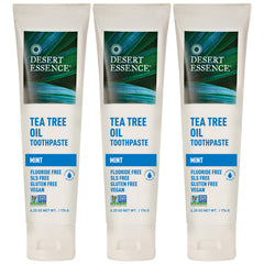 Front view of Desert Essence Tea Tree Oil Toothpaste Mint Pack of 3 (18.75 oz total)