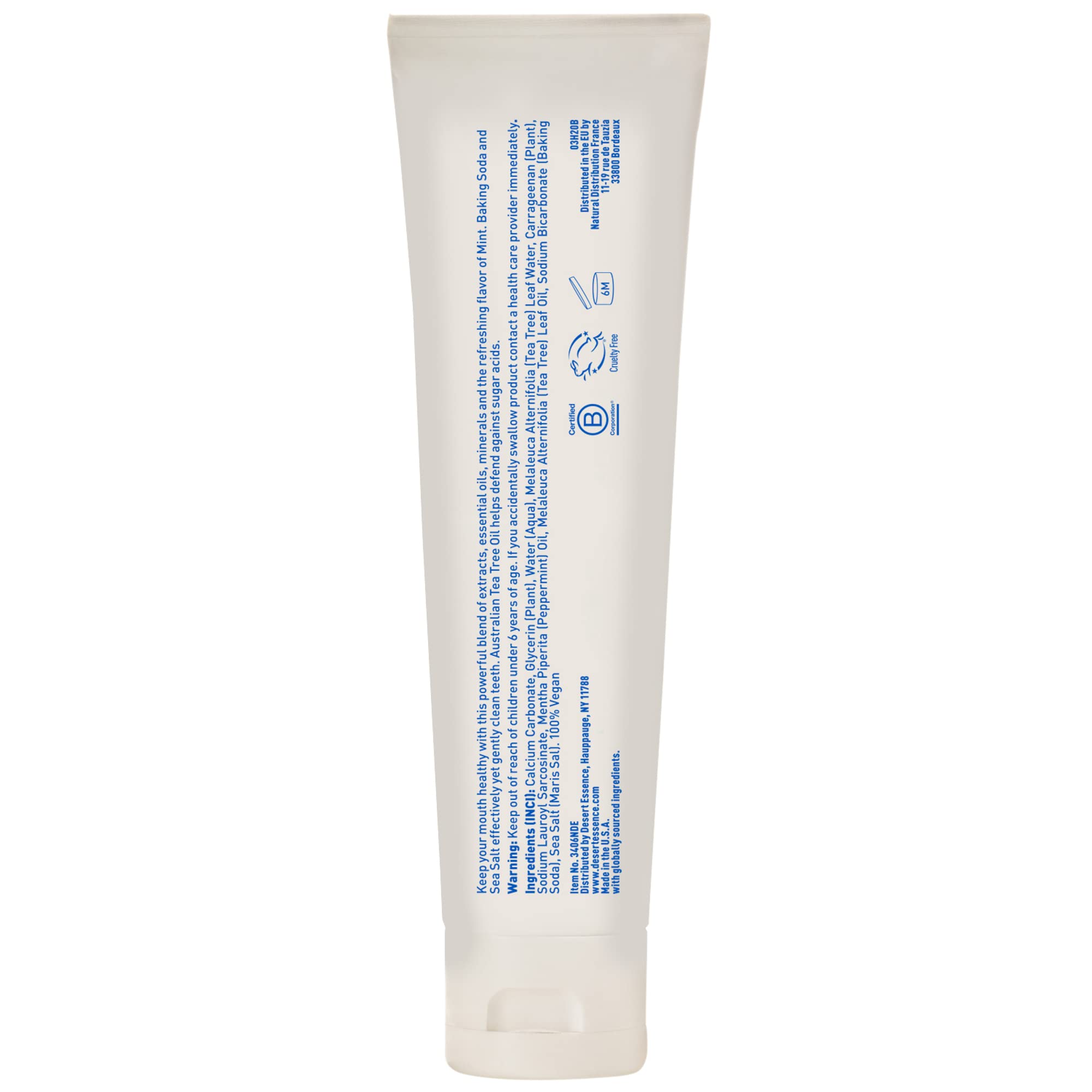 Close-up of Desert Essence toothpaste ingredients: tea tree oil, wintergreen, baking soda