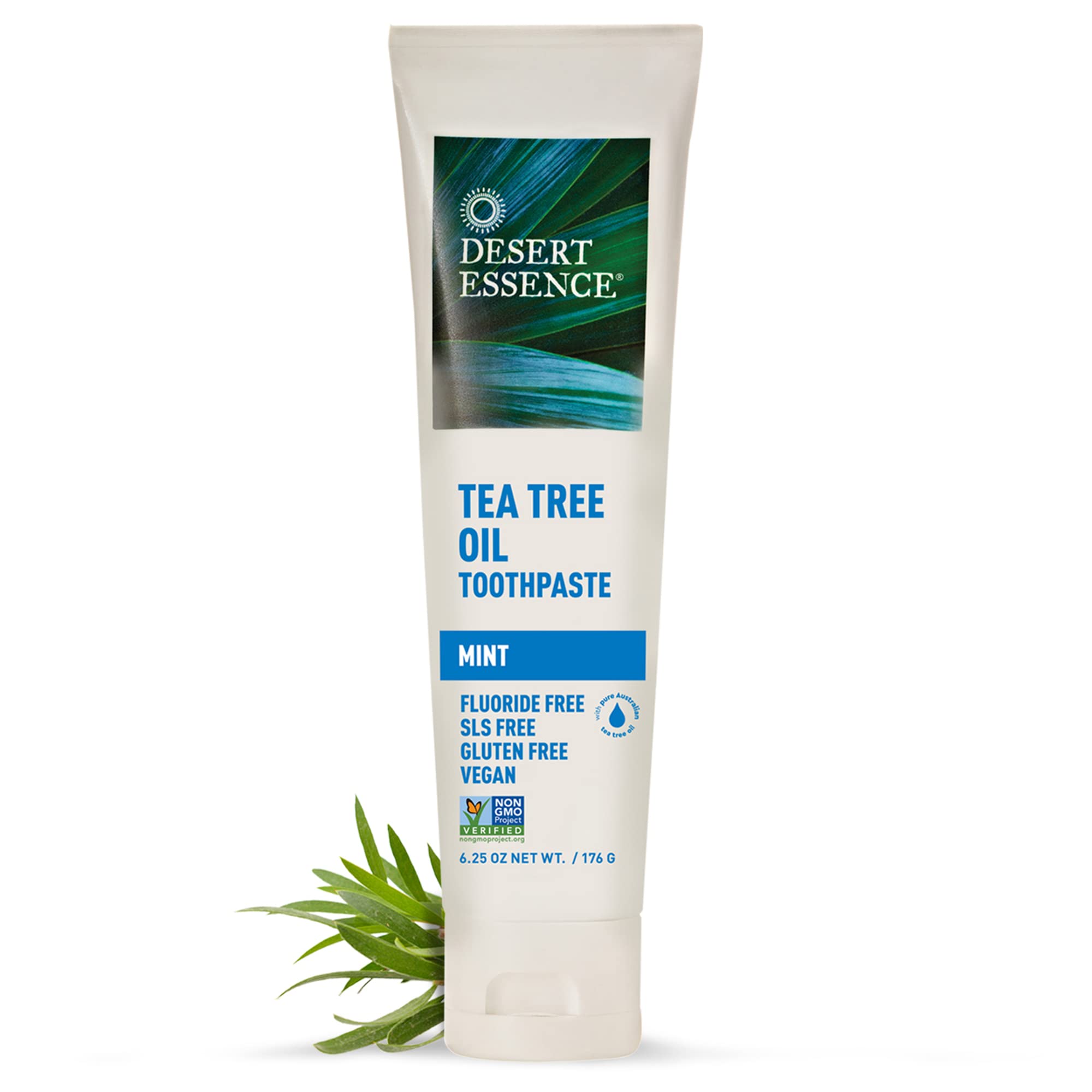 Toothpaste box packaging showing Desert Essence brand
