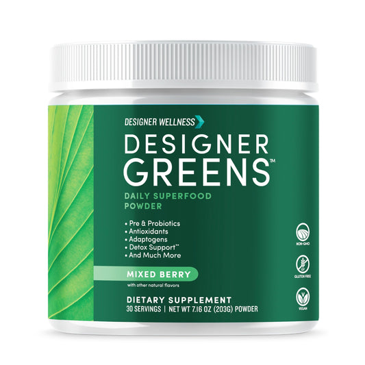 Designer Greens Powder container with label visible.