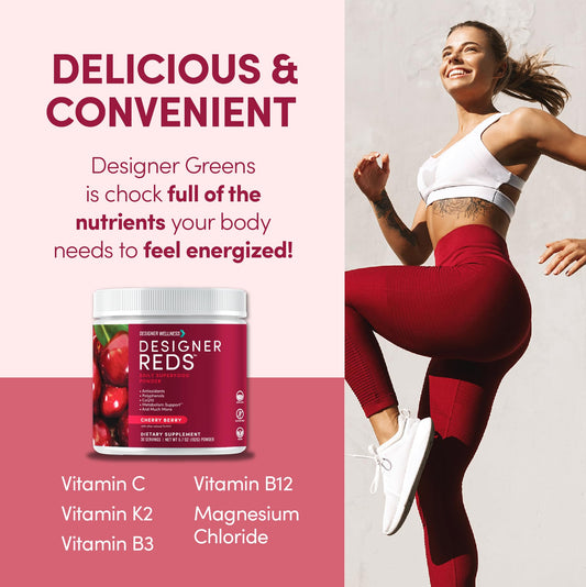 Jar of Designer Reds daily superfood powder with Cherry Berry flavor