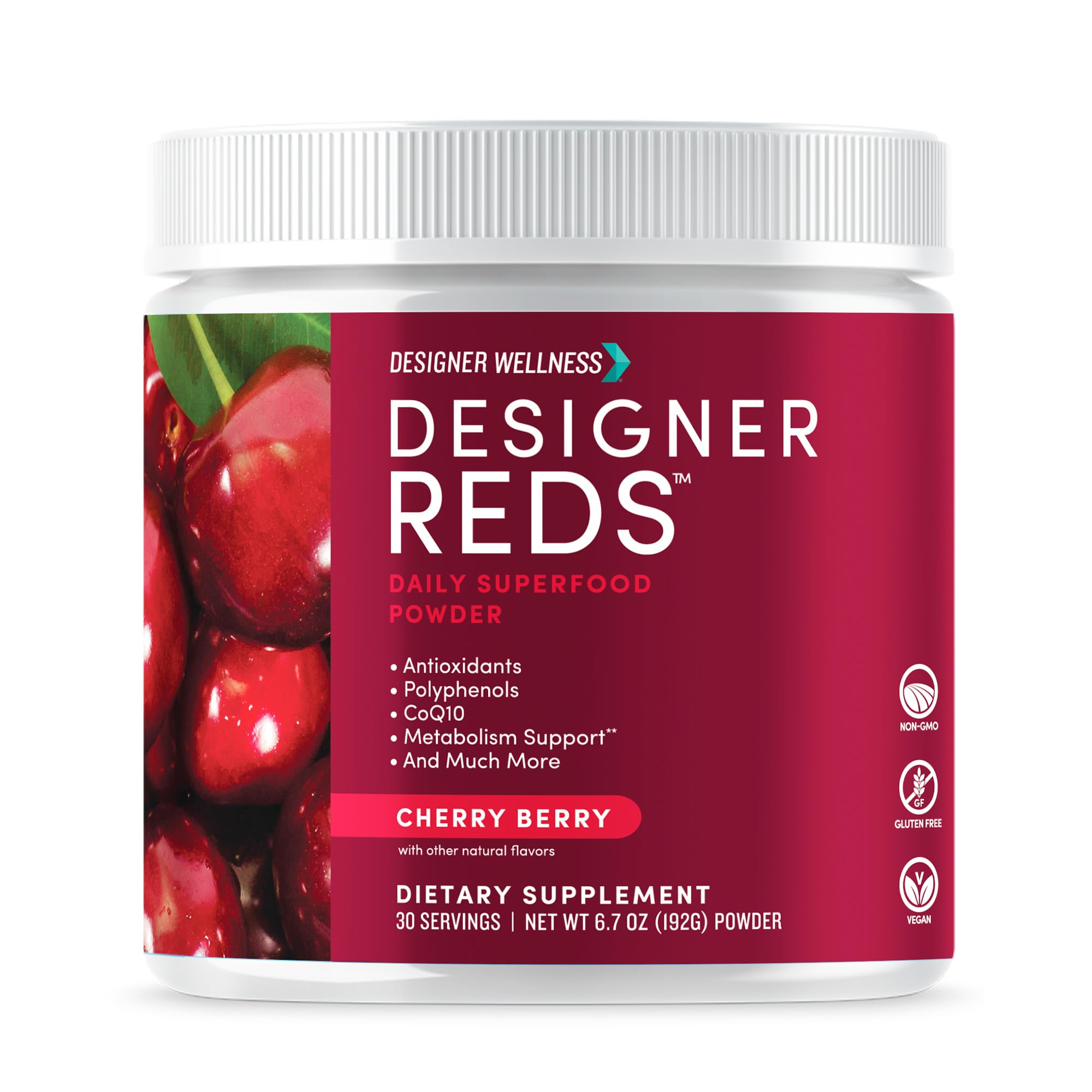 Front packaging of Designer Reds daily superfood powder in Cherry Berry flavor