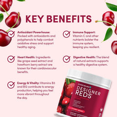 Scoop of Designer Reds powder showing Cherry Berry flavor