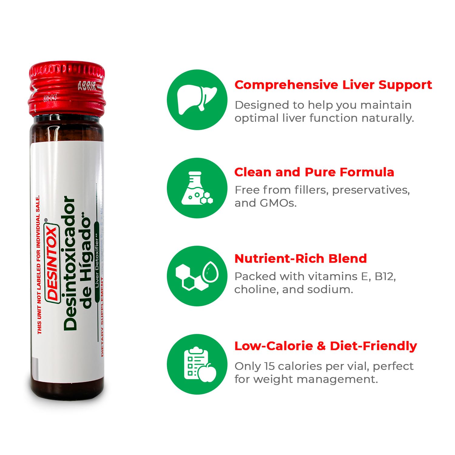 Ready-to-drink Desintox liquid shot in a transparent bottle