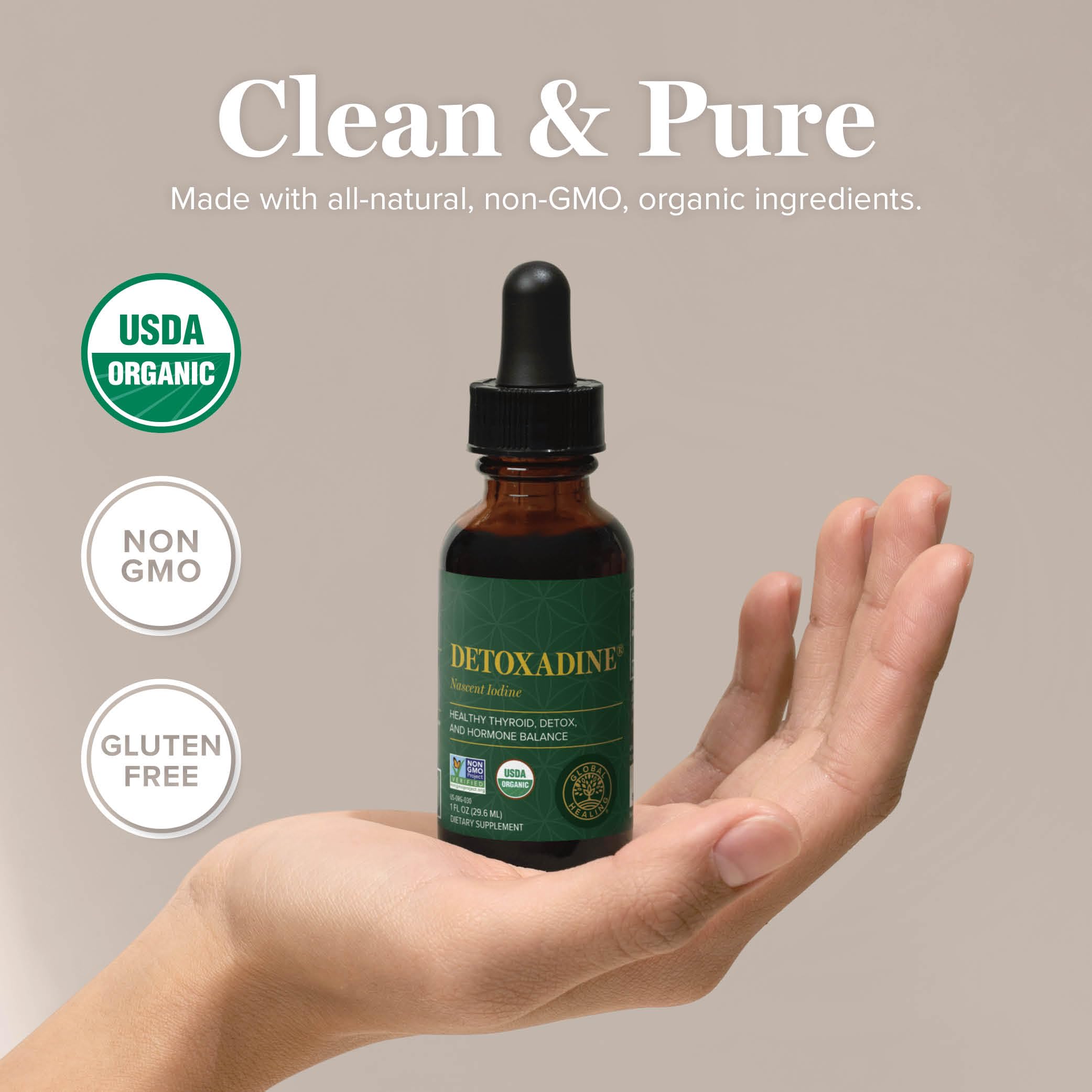 Organic vegan non-GMO iodine tincture bottle