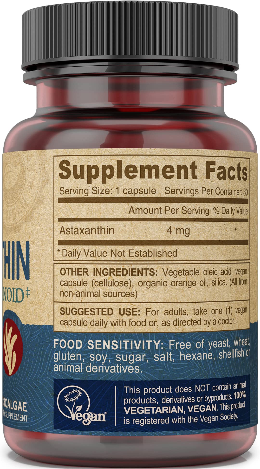 Astaxanthin 4mg vegan ingredients label