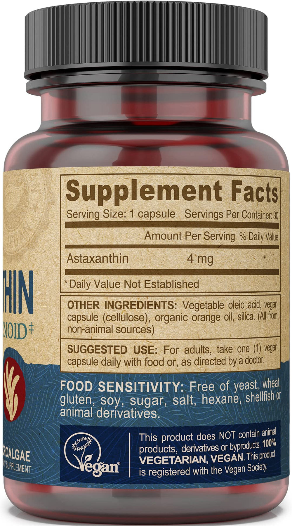 Astaxanthin 4mg vegan ingredients label
