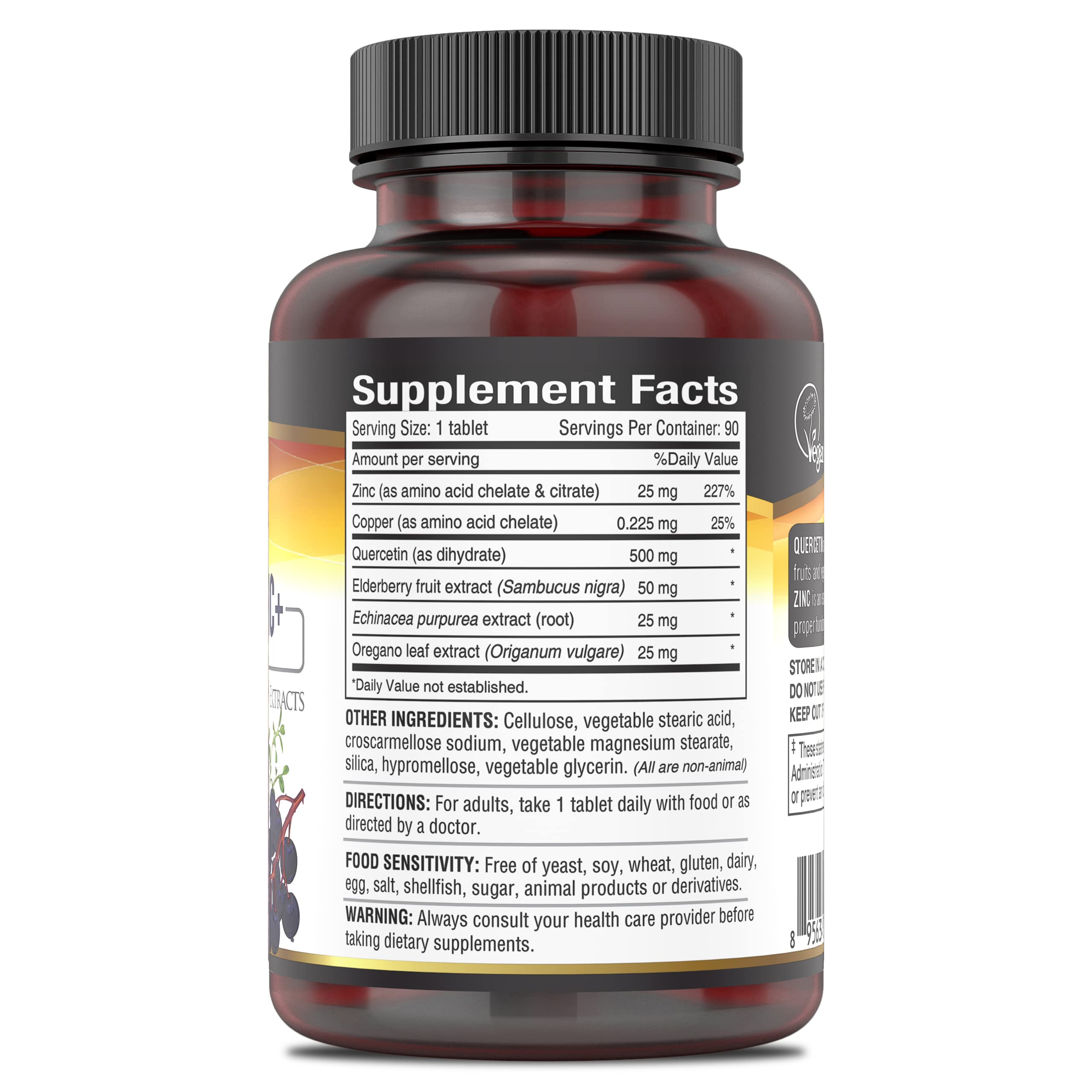 Ingredient blend showing quercetin, zinc, elderberry, echinacea and oregano