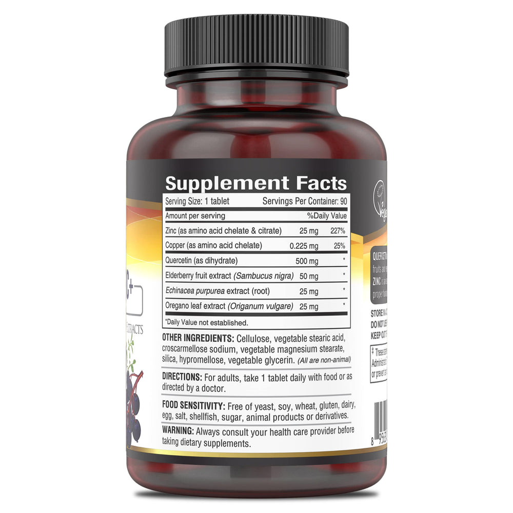 Ingredient blend showing quercetin, zinc, elderberry, echinacea and oregano